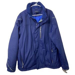 Lands End Mens Jacket Size Large Navy Blue Nylon Weatherproof Hooded Coat Parka